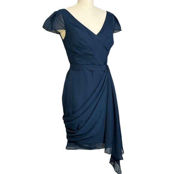 JJ’s House Navy Blue Chiffon Draped Cap Sleeve Mini Dress | 8 - Picture 5 of 9